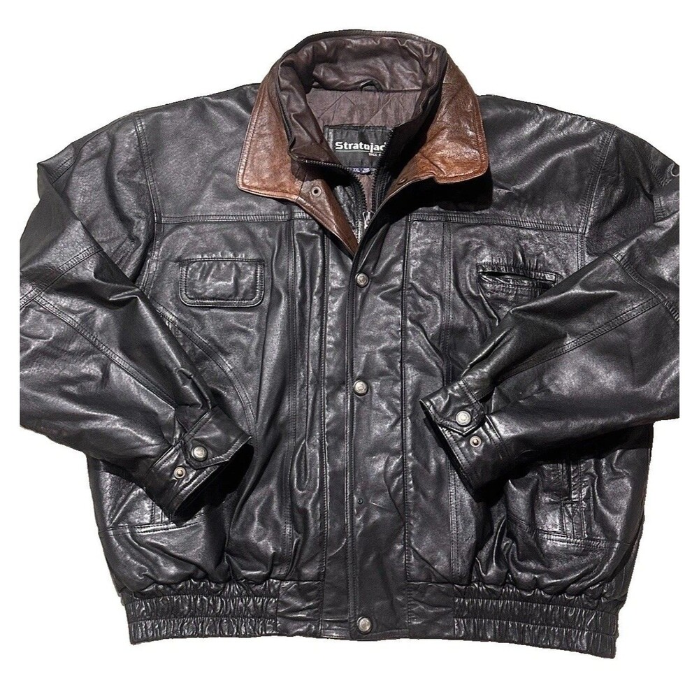 VTG Stratojac Leather Bomber Jacket Mens XXL Black Aviator Flight Heavy Quilted